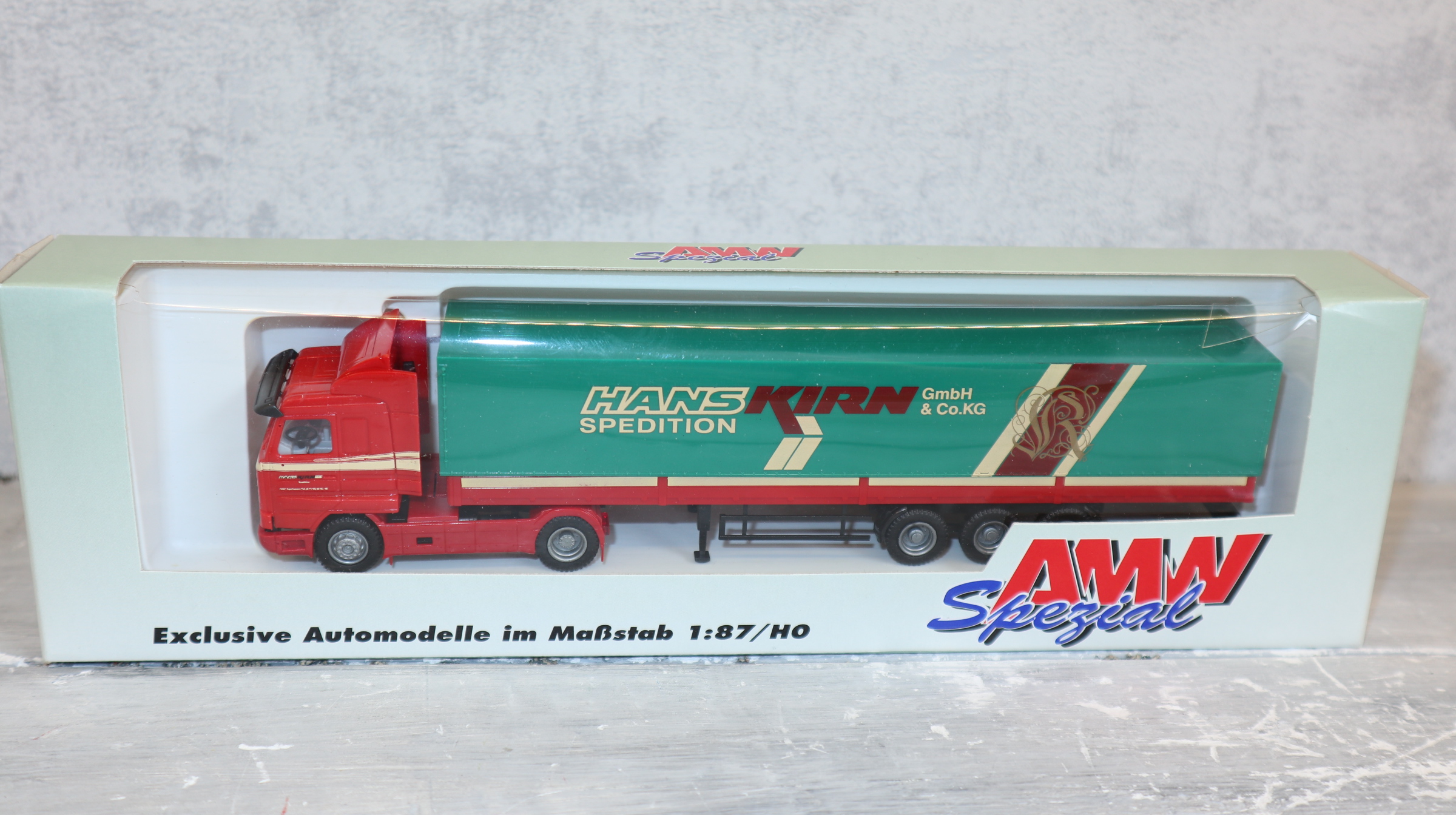 AMW in 1:87, Werbemodell Hans Kirn Spedition, Scania mit Auflieger, NEU in OVP