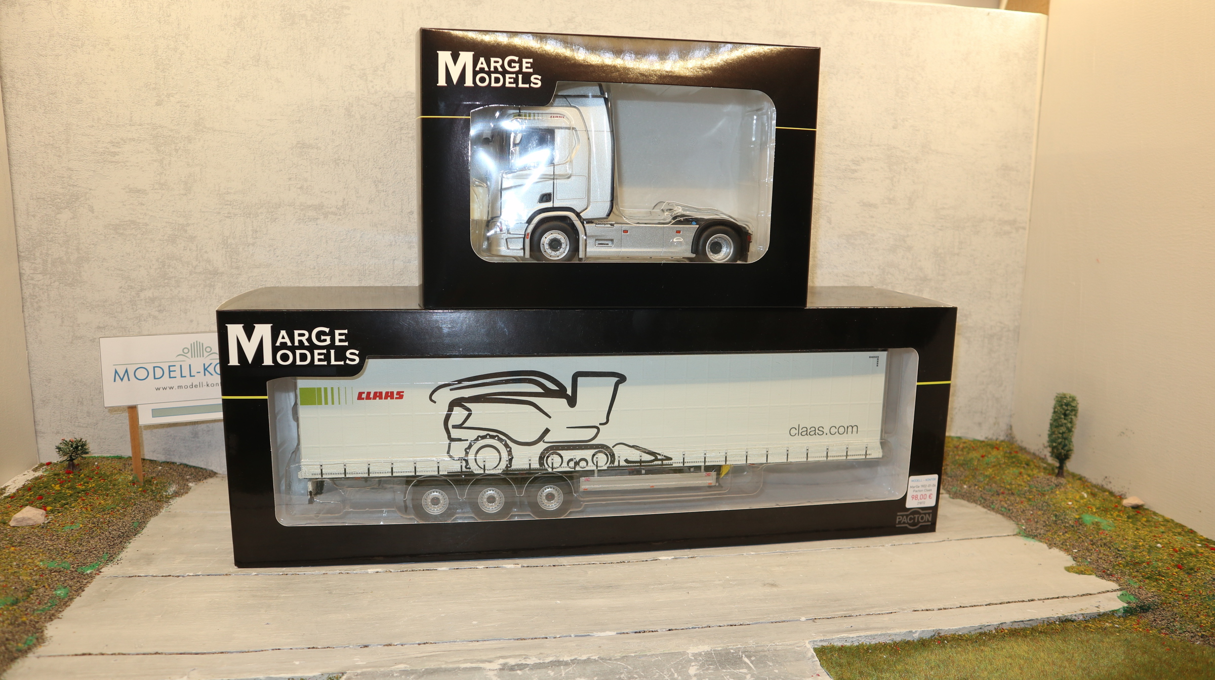 MarGe 2014-06-01 und 1901-01-03 als SET  in 1:32, SCANIA R500 4x2 silber Edition CLAAS, und Planenauflieger, NEU in OVP